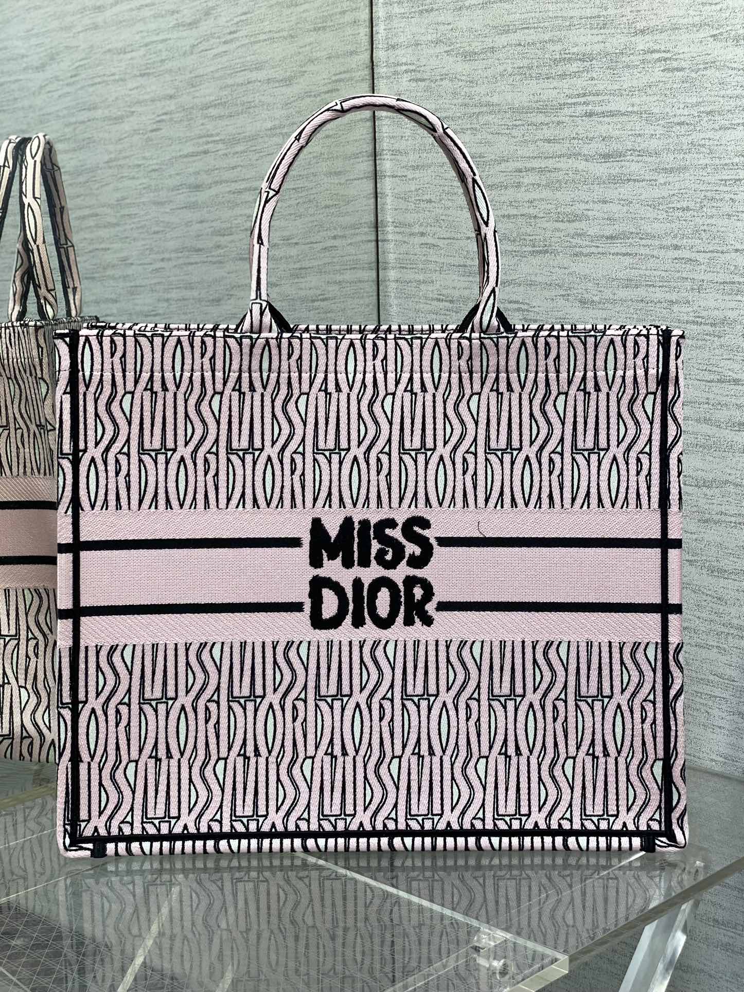 Large Dior Book Tote Bag White and Pale Pink Miss Dior Allover Embroidery